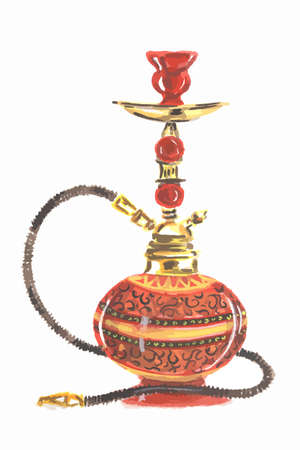 Watercolor colorful hookah. Eastern exotic smoking pipe with turkish ornament. Beautiful art for...