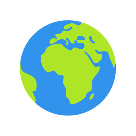 Isolated planet Earth on white background. Simple flat world globe icon in blue and green colors. Travel around the world.のイラスト素材