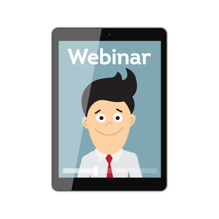Online webinar concept. Tablet monitor with teacher, tutor, businessman. Online learning or e-learning.のイラスト素材