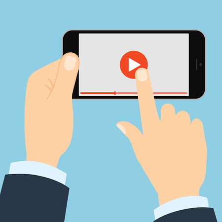 Smartphone with play button. Hands holding phone and touching play button. Concept of video, audio, internet and games.のイラスト素材