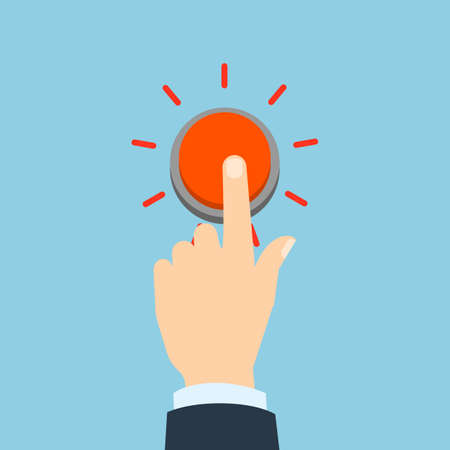 Press red button. Bright red button. Concept of buy now and delete all.のイラスト素材