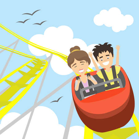 Rollercoaster in amusement park. Young smiling man and woman have fun on the roller coaster. Scary but funny entertainment.のイラスト素材