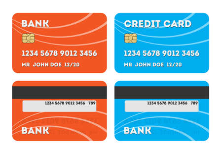 Two isolated credit cards. Red and blue credit or debit plastic cards on white background. Two sides of card. Shopping with credit card.のイラスト素材