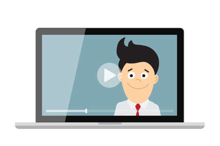 Online learning concept. Laptop monitor with teacher, tutor, businessman and play button. Online learning or e-learning and webinar. Concept of vloggingのイラスト素材