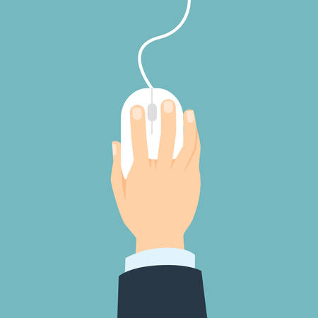 Isolated hand with mouse. Computer mouse for laptop or pc. Mouse with buttons and scroll wheel. Pointing deviceのイラスト素材
