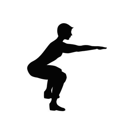 Man doing squats. Isolated black silhouette of a man doing squats on white background. Healthy lifestyle.のイラスト素材