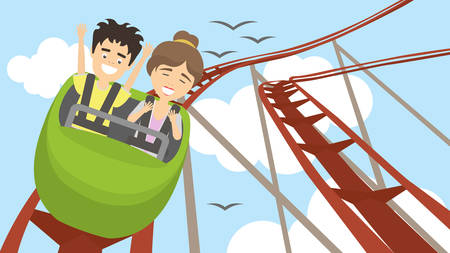 Rollercoaster in amusement park. Young smiling man and woman have fun on the roller coaster. Scary but funny entertainment.のイラスト素材