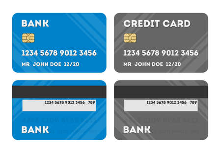 Two isolated credit cards. Silver and blue credit or debit plastic cards on white background. Two sides of card. Shopping with credit card.のイラスト素材
