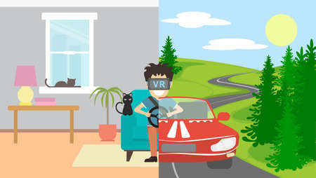 Man in vr playing in race. Smlling man in vr glasses sits at home in the armchair and playing 3d video game. Sunny road with red racing car. Augmented reality.のイラスト素材