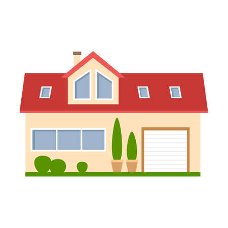 Isolated cartoon house. Simple suburban house with garage. Concept of real estate, property and ownership.のイラスト素材