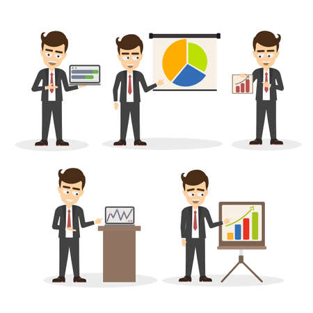 Businessman presentation set. Smiling handsome businessman with infographics and charts. Professional office worker.のイラスト素材