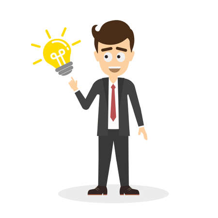 Businessman with idea light bulb. Isolated cartoon character on white background. Smiling handsome man pointing on lightbulb. Concept of creativity and solution.のイラスト素材