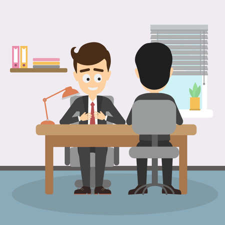 Businessman job interview. Boss interviewing new staff, findinf new office worker. Teambuilding and recruitment.のイラスト素材