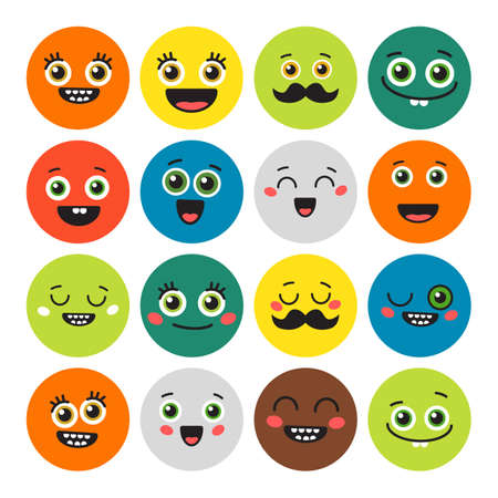 Funny cartoon emojis set on white background. All kinds of emotions like laugh, wink, happy and more.のイラスト素材