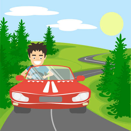 Happy handsome smiling man driving red car on picturesque background. Green trees, long road, sun and blue sky with clouds.のイラスト素材
