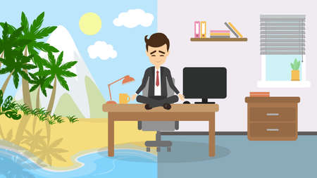 Meditation and relaxing. Businessman sitting in a lotus pose and meditate imagining sunny beach, palms and ocean. Concept of relaxation in office.のイラスト素材