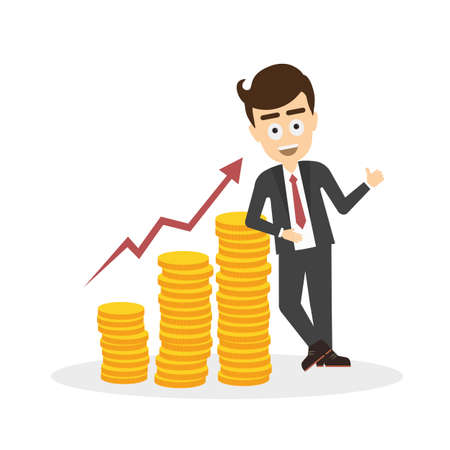 Businessman with golden coins on white background. Smiling office wirker with successful statistics.のイラスト素材