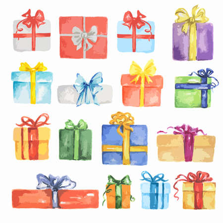 Watercolor presents set. Colorful boxes with bows and ribbons for holidays as Christmas, New Year and Birthday.のイラスト素材