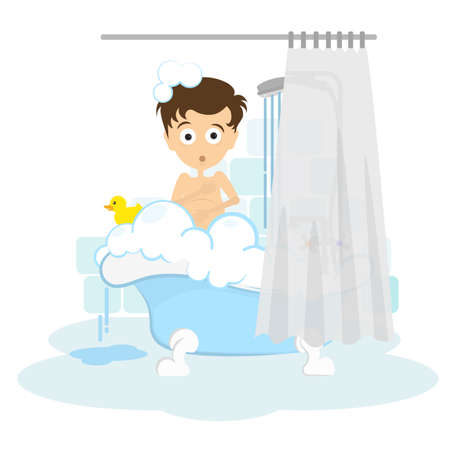 Surprised man in the bathroom. Awkward situation. Man washing in the shower with foam and bubbles.のイラスト素材