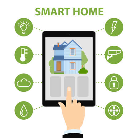 Smart home concept. Hands hold tablet and control home system as energy, conditioning, temperature and more. Wireless system.のイラスト素材
