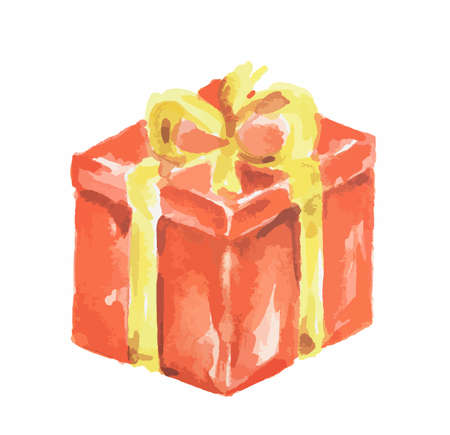 Isolated watercolor present. Colorful box with bows and ribbons for holidays as Christmas, New Year and Birthday.のイラスト素材