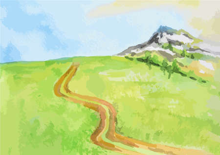 Watercolor rural landscape. Beautiful green field, blue sky and road. Summer village or farm.のイラスト素材