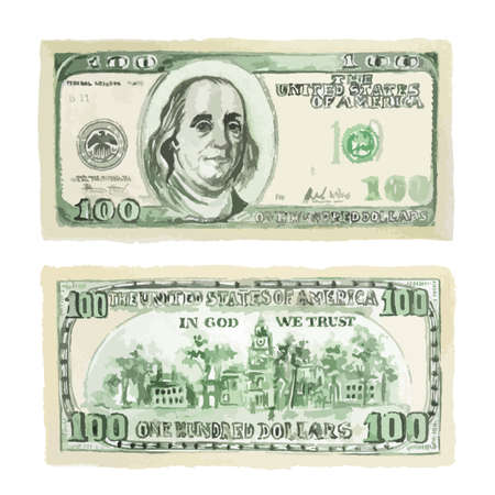 Isolated watercolor two sided dollar on white background. American currency. Symbol of wealth and...