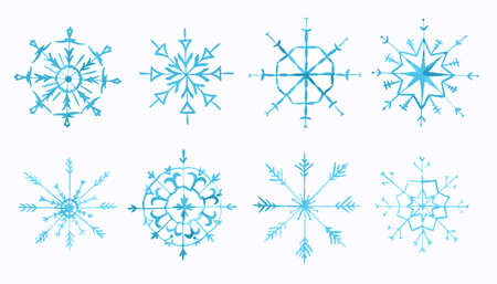 Watercolor snowflackes set on white background. Symbol of winter. Beautiful decoration.のイラスト素材