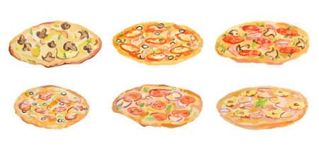 Watercolor pizza set on white background. Fresh and hot italian snack.のイラスト素材