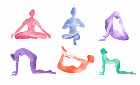 Watercolor yoga set on white background. Yoga poses, asana. Healthy lifestyle and relaxation.のイラスト素材