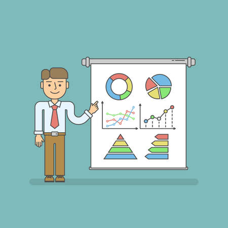 Business presentation concept. Isolated cartoon man with chart board. Smiling businessman pointing at board. Idea of analyst, speaker or lecturer.のイラスト素材