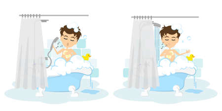 Man takes shower set. Happy smiling cartoon man in the tube with foam, bubbles and yellow duck.のイラスト素材