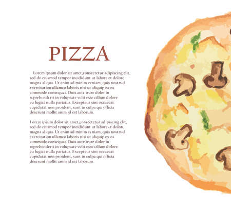 Isolated watercolor pizza on white background. Tasty italian snack or street food. Italian cuisine. Poster with text.のイラスト素材