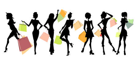 Shopping sillhouettes set. Black sillhouettes of women with colorful shopping bags on white background. Elegant, young and slim women.のイラスト素材