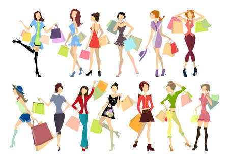 Shopping women set. Elegant, young and slim women in different outfits with colorful shopping bags on white background.のイラスト素材