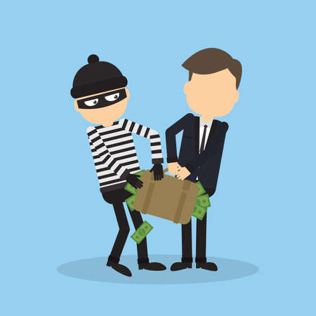 Thief stealing money from businessman. Robber in black mask holding the bag of money.のイラスト素材