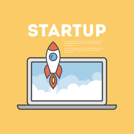 Startup rocket concept. Big beautiful red rocket flying in the sky from computer screen. Idea of new ideas, innovations and development.のイラスト素材
