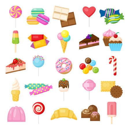 Tasty sweets set. Isolated candies, cakes and other sweets on white background. Doughnuts, cheesecake, ice cream, lollipop and more.のイラスト素材