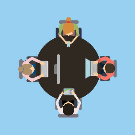 Team work at the table. Concept of brainstorming, making project , discussions. People with laptops. Seen from above.のイラスト素材