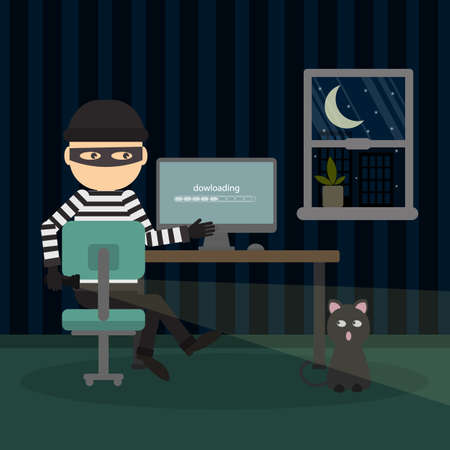 Robber at the office. Bad thief downloading information from computer at night. Man in the black mask and striped outfit.のイラスト素材