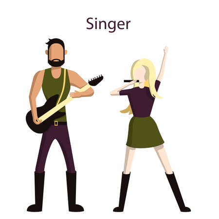 Isolated singers set. Isolated figures of man and woman in uniform with guitar and microphone standing on white background.のイラスト素材
