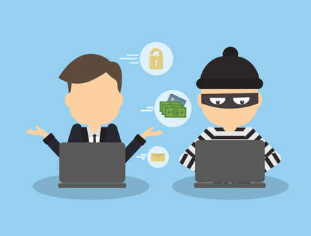 Money hacking concept. Thief stealing money and information from laptop of businessman.のイラスト素材