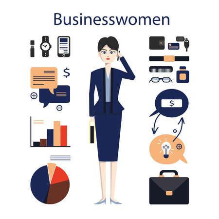 Isolated female businessman on white background. Young businesswoman with all the tools like charts, phone, glasses and more.のイラスト素材