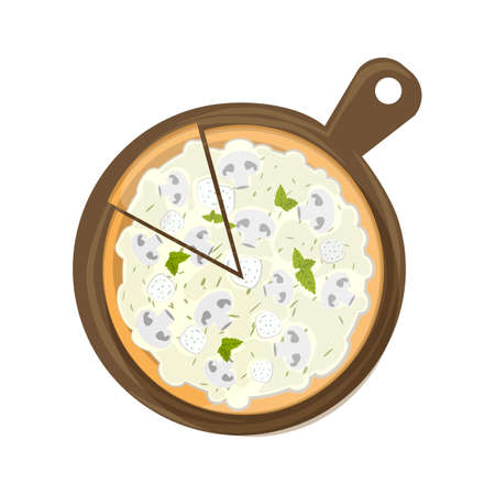 Isolated pizza on wooden board on white background. Tasty and fresh italian fast food. Pizza with cheese, mushrooms and chicken.のイラスト素材