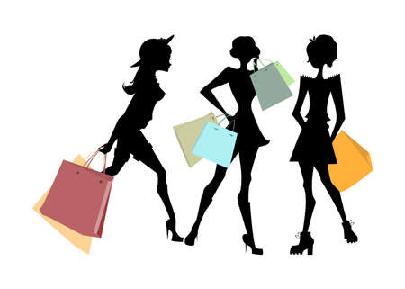 Shopping sillhouettes set. Black sillhouettes of women with colorful shopping bags on white background. Elegant, young and slim women.のイラスト素材