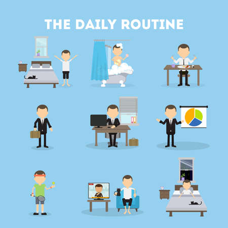 The daily routine. Life schedule of a man from morning till night. Sleep, eating, working and activities.のイラスト素材