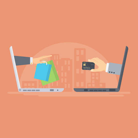 Online shopping concept. Fast delivery. Two laptops with hands holding credit card and shopping bags.のイラスト素材