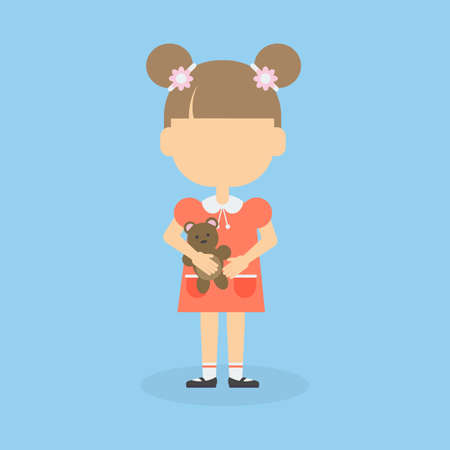 Isolated young girl on blue background. Pretty girl in dress without face with teddy bear.のイラスト素材