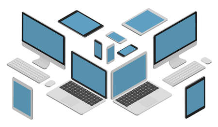 Isometric vector set of computer and keyboard, laptop, tablet pc and smartphone.のイラスト素材