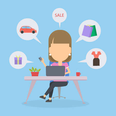 Online shopping concept. Young woman sitting at the desk with laptop and doing shopping. Sale, bags and clothes icons.のイラスト素材